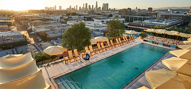 View of the rooftop pool at the Soho House redevelopment in Los Angeles