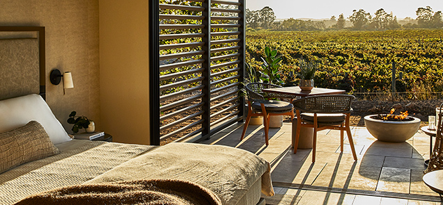 Interior of guest cottage at Stanly Ranch, with view of the vineyards
